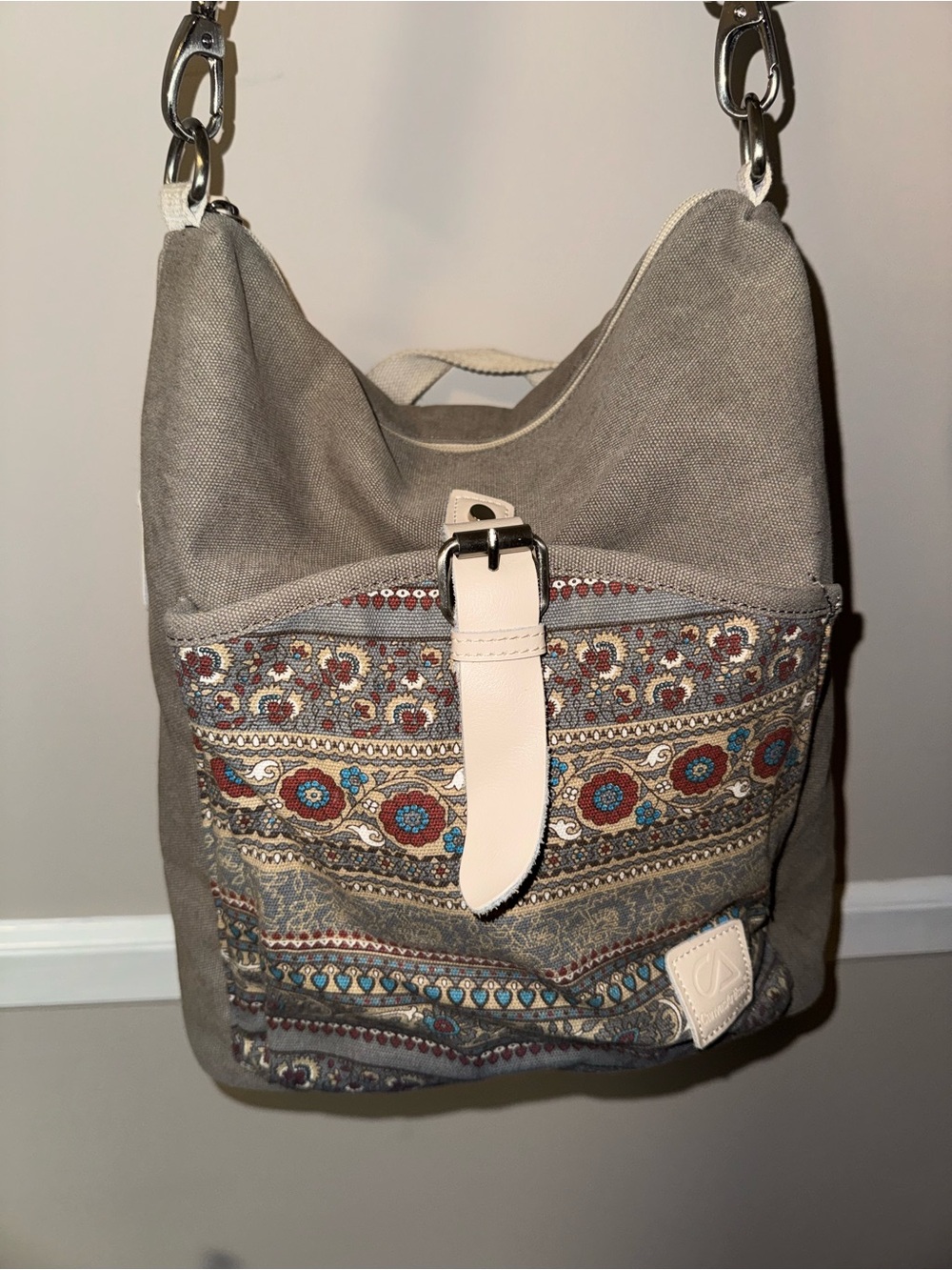 Canvas Aritsan Bucket Shoulder Bag with Patterned Front Pocket - Gray